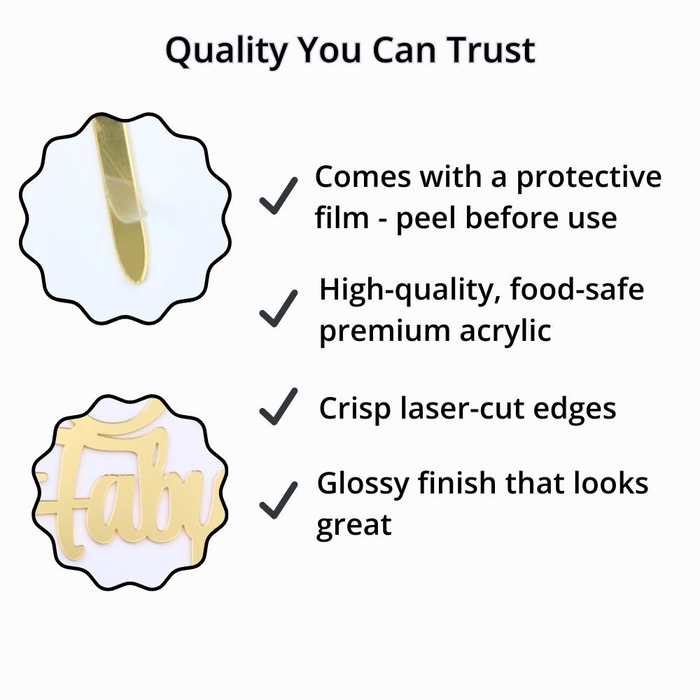 Gold acrylic 50th birthday cake topper showing protective film, glossy finish and laser cut edges