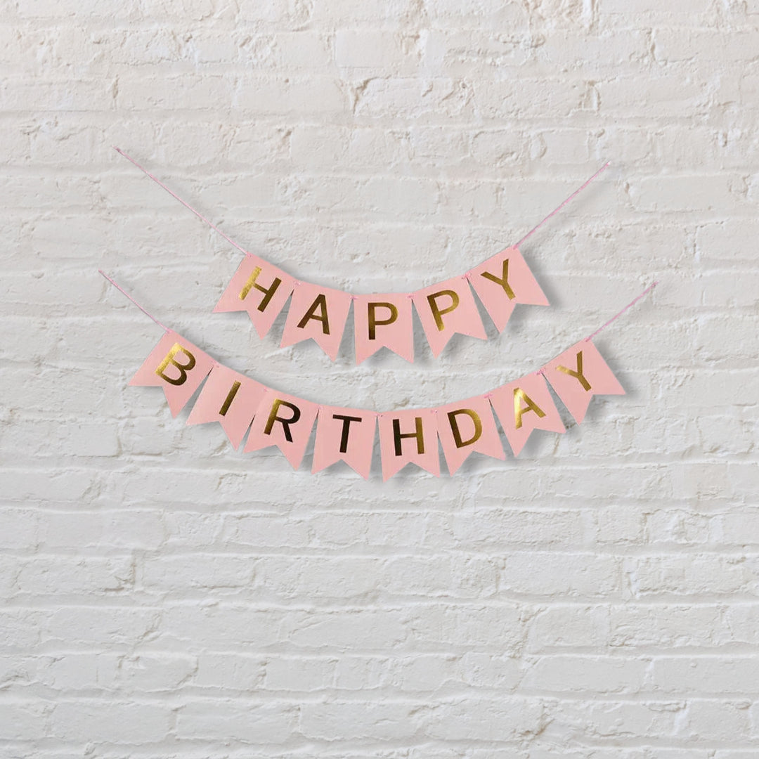 Happy Birthday Banner Gold Letters - Pink