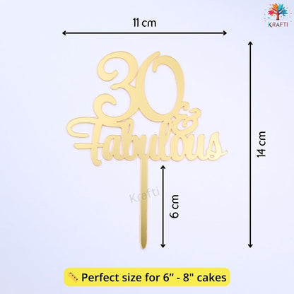 30th birthday cake topper size guide showing 11 cm width, 14 cm height and 6 cm prong length in gold acrylic