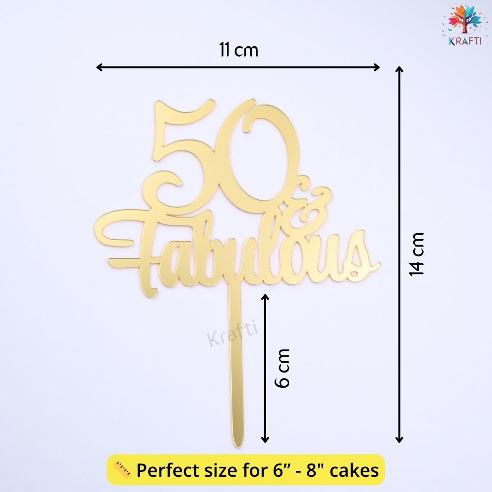 50th birthday cake topper size guide showing 11 cm width, 14 cm height and 6 cm prong length in gold acrylic