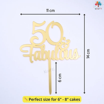 50th birthday cake topper size guide showing 11 cm width, 14 cm height and 6 cm prong length in gold acrylic