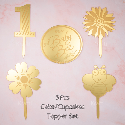 Gold Bee-Themed 5-Piece Cake and Cupcake Topper Set