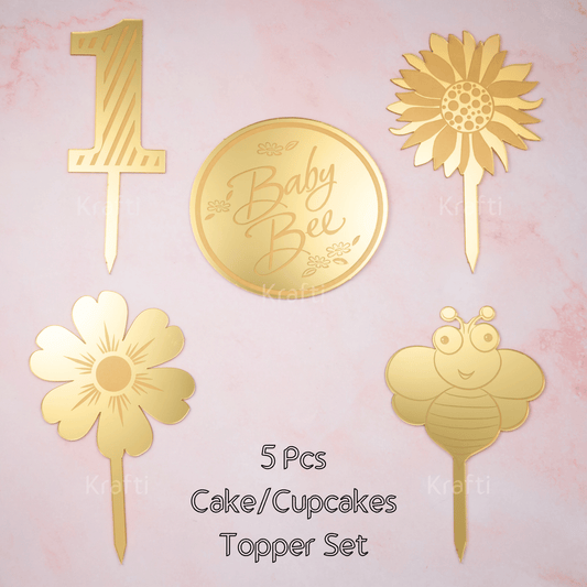 Gold Bee-Themed 5-Piece Cake and Cupcake Topper Set