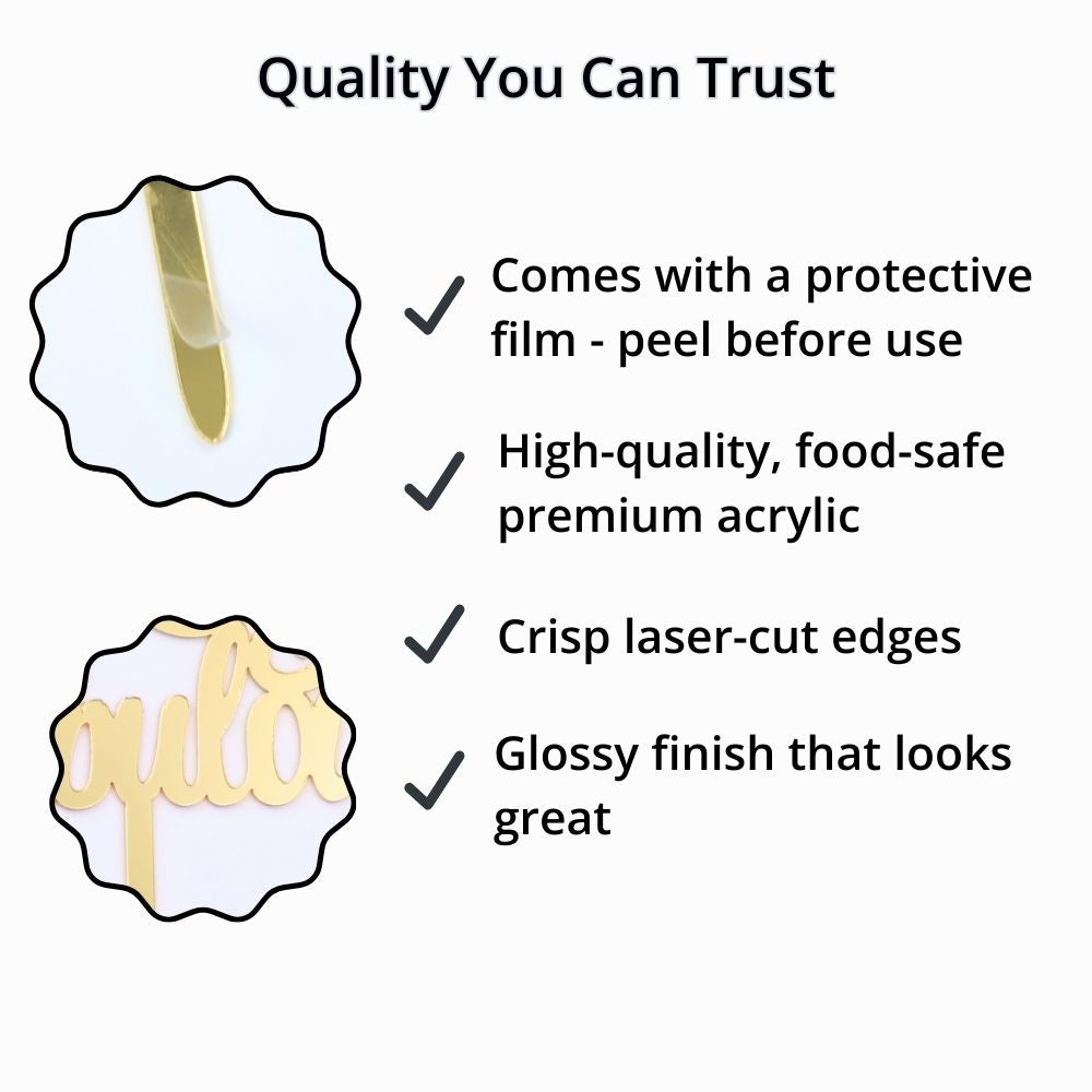 Gold acrylic 60th birthday cake topper showing protective film, glossy finish and laser cut edges