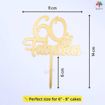 60th birthday cake topper size guide showing 11 cm width, 14 cm height and 6 cm prong length in gold acrylic