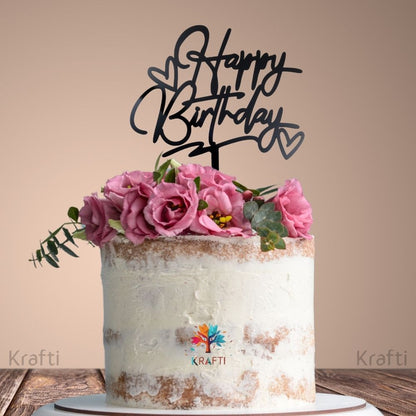 Black glossy acrylic Happy Birthday cake topper with hearts on birthday cake, elegant modern cake decoration