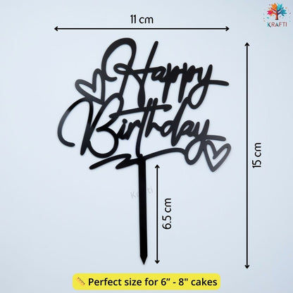 Black glossy acrylic Happy Birthday cake topper with heart design showing dimensions, suitable for 6 to 8 inch cakes