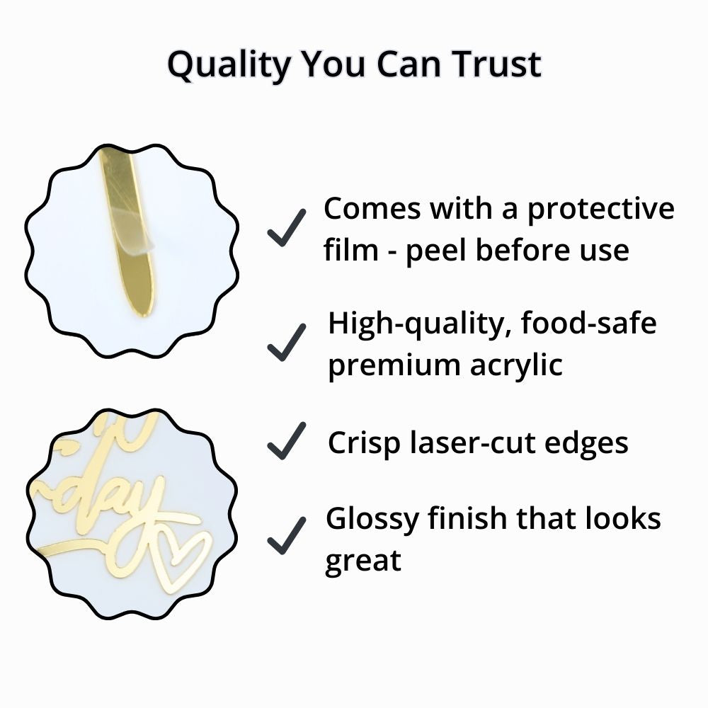 Close up of gold acrylic Happy Birthday cake topper showing glossy finish, laser cut edges and protective film