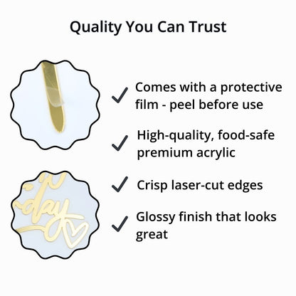 Close up of gold acrylic Happy Birthday cake topper showing glossy finish, laser cut edges and protective film