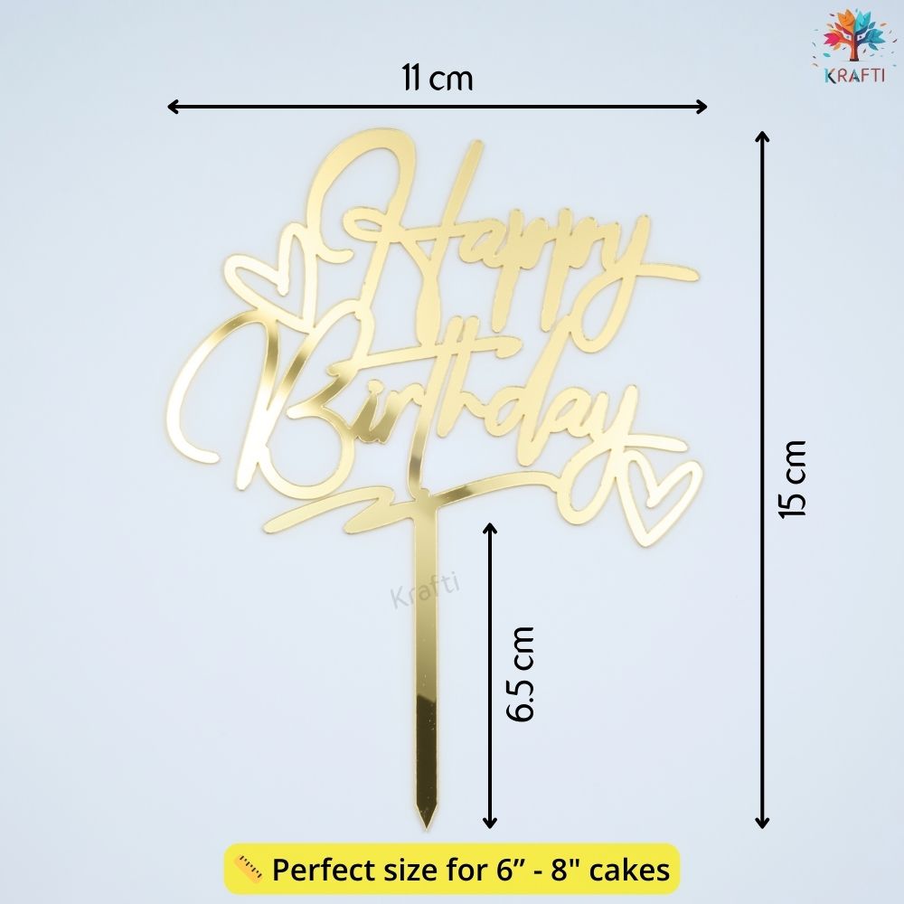 Gold glossy acrylic Happy Birthday cake topper with heart details showing size, perfect for 6 to 8 inch cakes