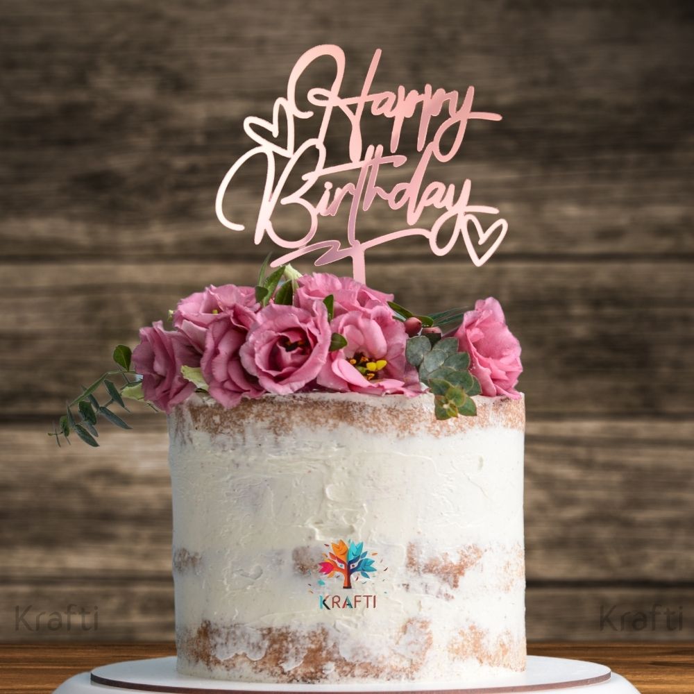Rose gold acrylic Happy Birthday cake topper with hearts on birthday cake, elegant modern cake topper design