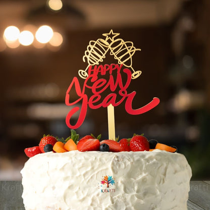 Red and gold Happy New Year acrylic cake topper placed on a celebration cake