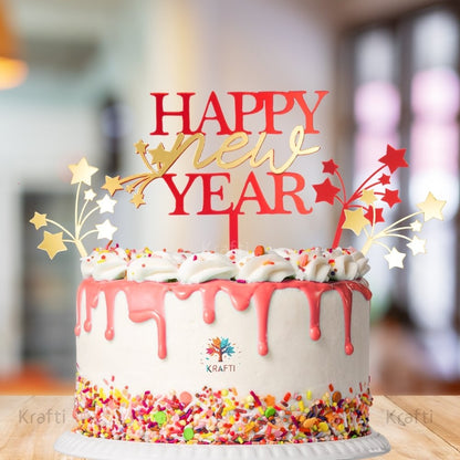 Happy New Year cake topper set in red and gold acrylic displayed on celebration cake, festive New Year cake decoration set shipping Australia