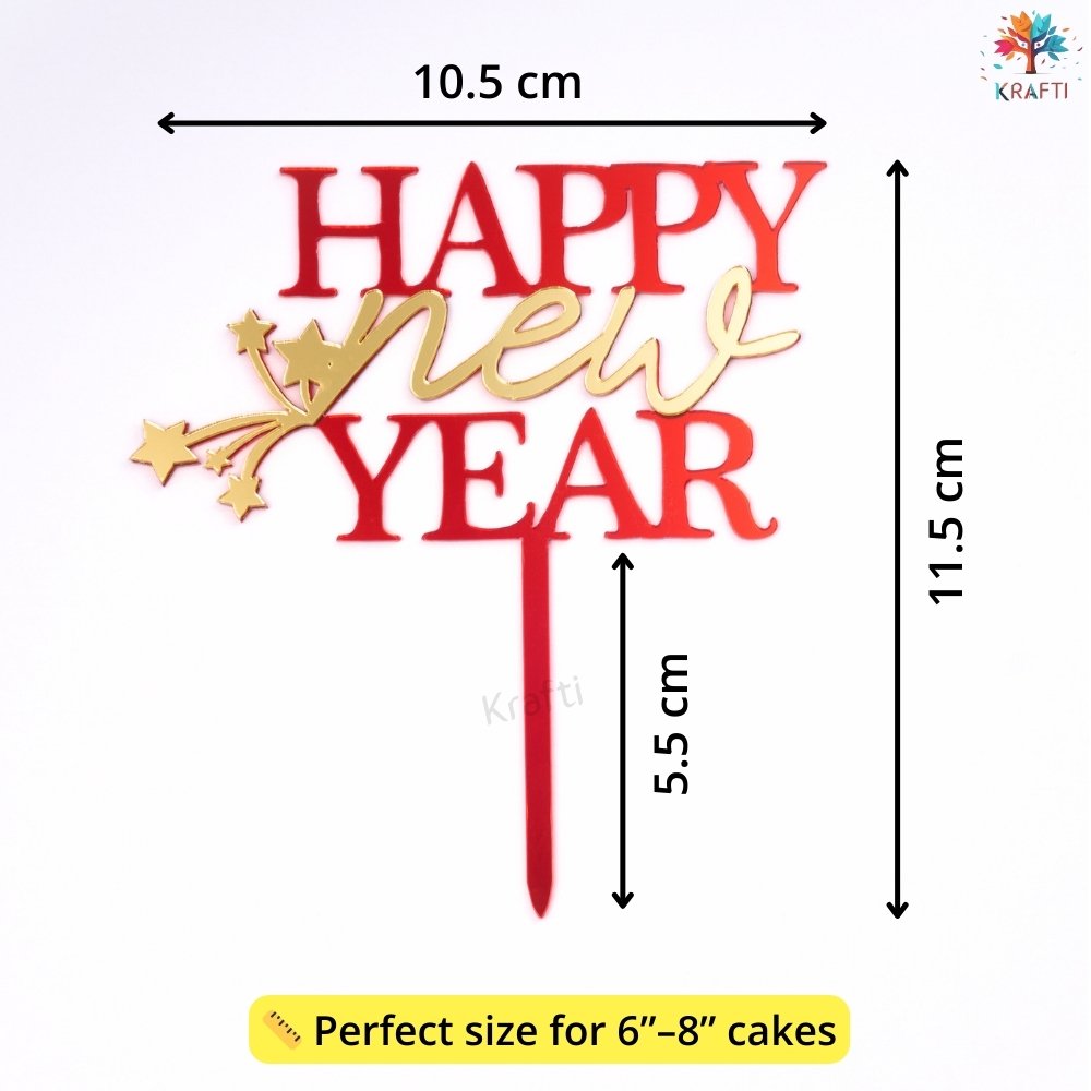 Happy New Year acrylic cake topper size guide showing red and gold layered topper dimensions, suitable for 6 to 8 inch cakes Australia