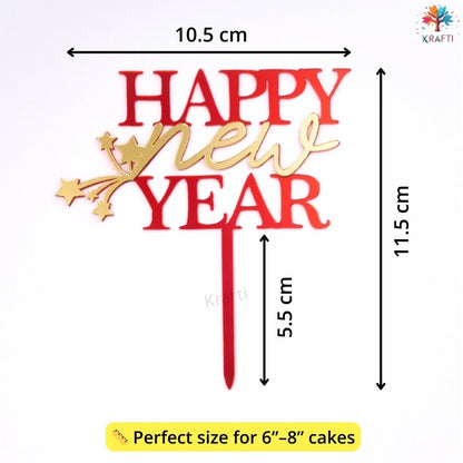 Happy New Year acrylic cake topper size guide showing red and gold layered topper dimensions, suitable for 6 to 8 inch cakes Australia