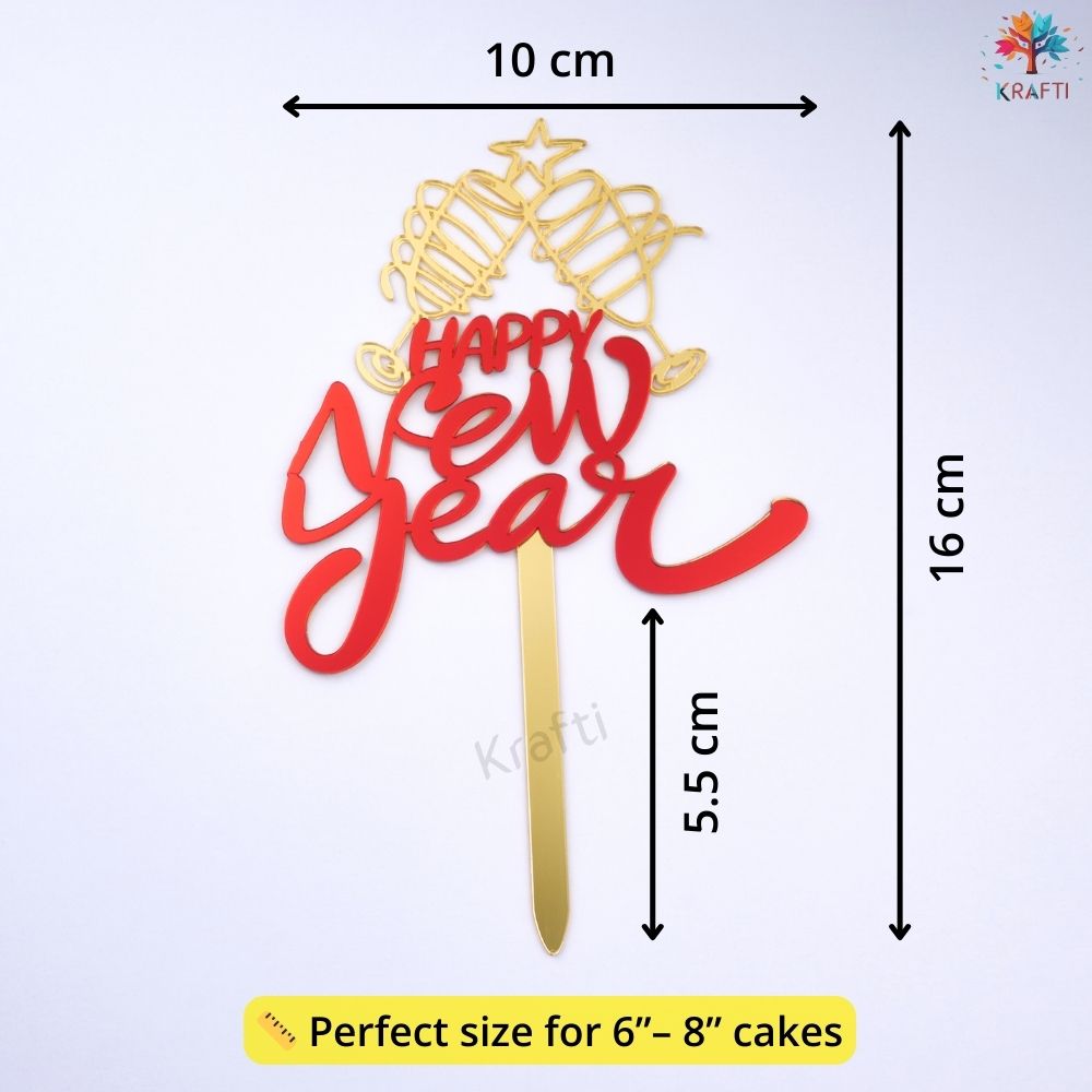 Happy New Year cake topper showing size measurements for 6 to 8 inch cakes