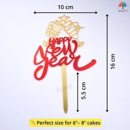 Happy New Year cake topper showing size measurements for 6 to 8 inch cakes