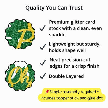 Oh Baby green and gold glitter cake topper quality graphic with close-up sparkle detail, double-layer design, precision-cut edges, and simple assembly note