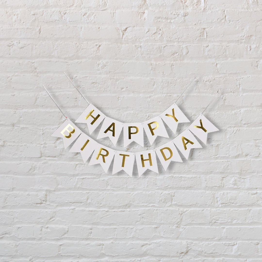 Happy Birthday Banner Gold Letters - White