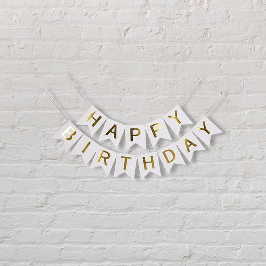Happy Birthday Banner Gold Letters - White